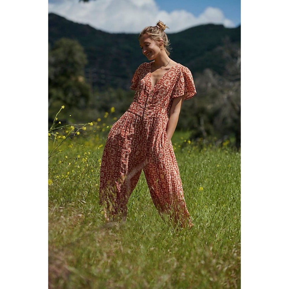 Free People boho Marigold Jumpsuit Rust Orange Geometric Print Harem Leg Womens
